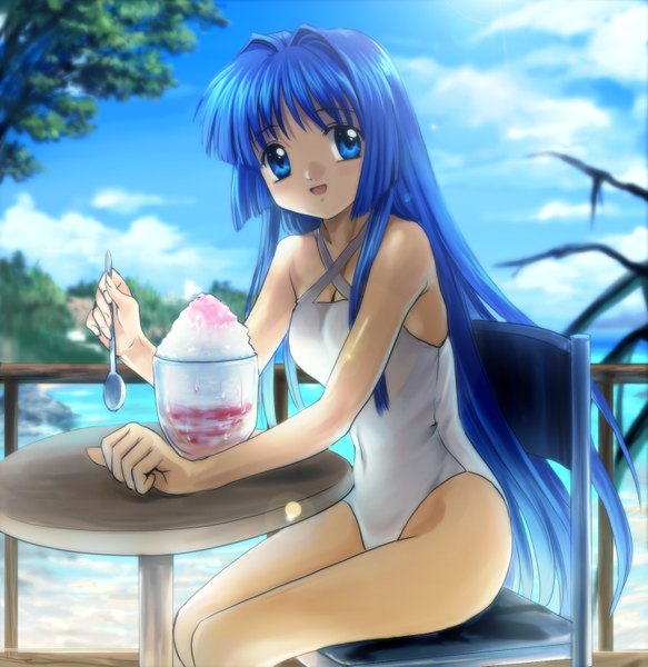 Anime picture 1458x1500 with kanon key (studio) minase nayuki mutsuki (moonknives) single long hair tall image looking at viewer open mouth blue eyes light erotic sitting blue hair girl swimsuit food sweets one-piece swimsuit chair table