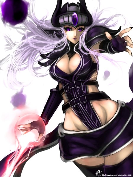 Anime picture 1024x1365 with league of legends syndra kumiko shiba single long hair tall image breasts light erotic simple background large breasts purple eyes cleavage purple hair lips zettai ryouiki groin magic girl skirt gloves