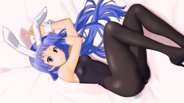 Anime picture 1920x1080 with kannagi nagi (kannagi) taka (takahirokun) single long hair highres light erotic wide image purple eyes bare shoulders blue hair tail bunny ears bunny girl bunny tail girl pantyhose shoes bunnysuit