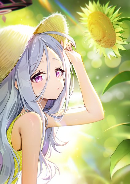 Anime picture 868x1228 with blue archive hina (blue archive) picter single long hair tall image fringe hair between eyes purple eyes silver hair upper body ahoge arm up sleeveless lens flare girl flower (flowers) hat straw hat sunflower