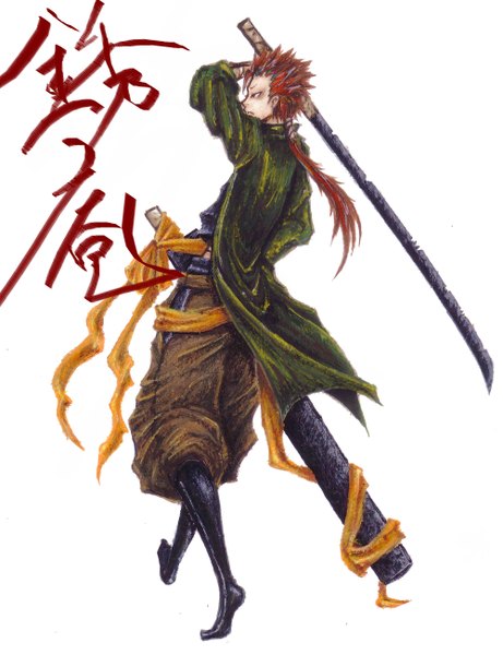 Anime picture 2000x2600 with original shuu iori (artist) single long hair tall image highres simple background white background red hair tail boy sword katana