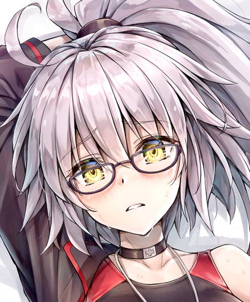 Anime picture 2058x2490 with fate (series) fate/grand order jeanne d'arc (fate) (all) jeanne d'arc alter (fate) jeanne d'arc alter (swimsuit berserker) (fate) kotatsu (kotatsu358) single long hair tall image looking at viewer blush fringe highres hair between eyes yellow eyes silver hair ahoge ponytail lying parted lips