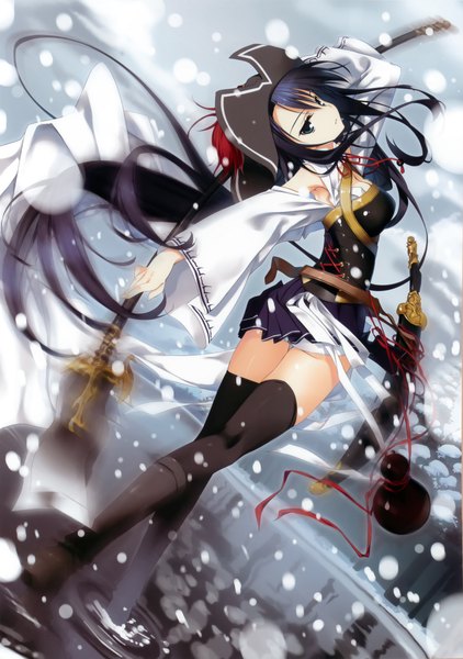 イラスト 2221x3158 と 籠目 ソロ 長髪 長身像 カメラ目線 highres light erotic 黒髪 black eyes scan snowing winter 女の子 ストッキング スカート 武器 黒ストッキング 帽子 ミニスカート 剣