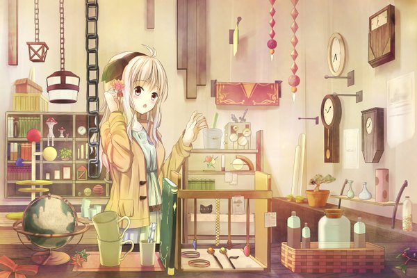 Anime picture 3000x2000 with original hibari (artist) single long hair blush highres open mouth white hair pink eyes girl dress hair ornament bracelet chain clock cup beads wall clock globe pendulum clock