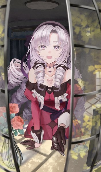 Anime picture 880x1500 with virtual youtuber nijisanji hyakumantenbara salome hyakumantenbara salome (1st costume) azimu yukita single long hair tall image looking at viewer open mouth purple eyes purple hair indoors :d arm support drill hair girl dress gloves flower (flowers)