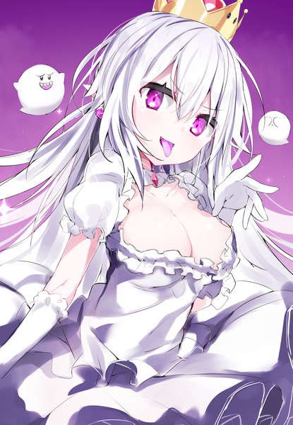 Anime picture 2712x3920 with super mario bros. new super mario bros. u deluxe princess king boo boo (mario) kamioka shun'ya single long hair tall image looking at viewer blush fringe highres breasts light erotic simple background hair between eyes large breasts payot white hair pointy ears