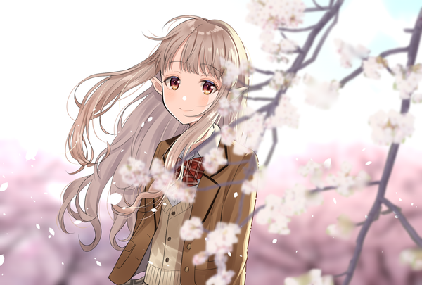 Anime picture 3000x2027 with virtual youtuber nijisanji elu (nijisanji) myusha single long hair looking at viewer blush fringe highres smile brown hair standing upper body outdoors wind pointy ears blurry cherry blossoms spring