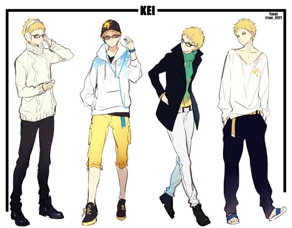 Anime picture 1600x1250 with haikyuu!! production i.g tsukishima kei yasai (getsu) short hair blonde hair simple background standing white background yellow eyes looking away open clothes open jacket multiple boys leaning leaning forward hand in pocket hands in pockets multiple persona hand on headphones