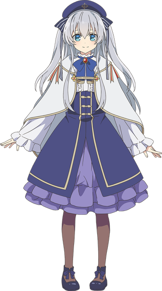 Anime picture 768x1377 with seirei gensouki celia claire yufu kyouko single long hair tall image looking at viewer fringe blue eyes smile hair between eyes standing silver hair full body official art two side up transparent background girl beret