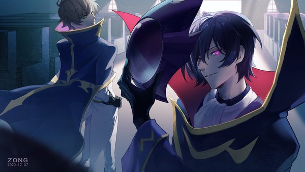 Anime picture 1280x720 with code geass sunrise (studio) lelouch lamperouge kururugi suzaku jiang yao looking at viewer short hair black hair brown hair wide image green eyes signed pink eyes multiple boys hand on hip dated symbol-shaped pupils helmet removed boy gloves