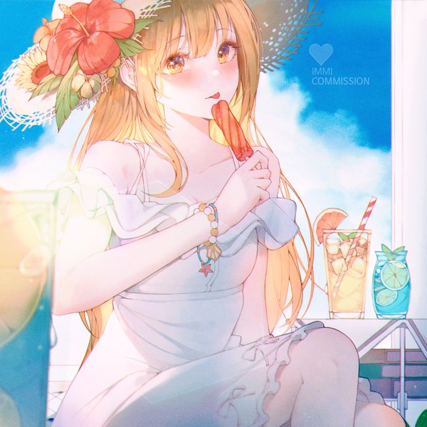 Anime-Bild 2500x2500 mit original immi immi single long hair looking at viewer blush fringe highres blonde hair sitting bare shoulders holding signed yellow eyes sky cloud (clouds) bent knee (knees) outdoors blunt bangs sunlight