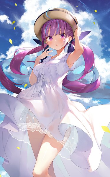 Anime picture 734x1179 with virtual youtuber hololive minato aqua gaou (umaiyo puyoman) single long hair tall image looking at viewer blush fringe breasts open mouth light erotic standing purple eyes twintails payot sky purple hair cloud (clouds)