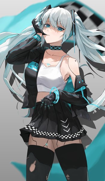 Anime picture 2305x3947 with original sn2 single long hair tall image looking at viewer fringe highres breasts light erotic hair between eyes standing twintails arm up aqua eyes aqua hair grey background open jacket zettai ryouiki checkered