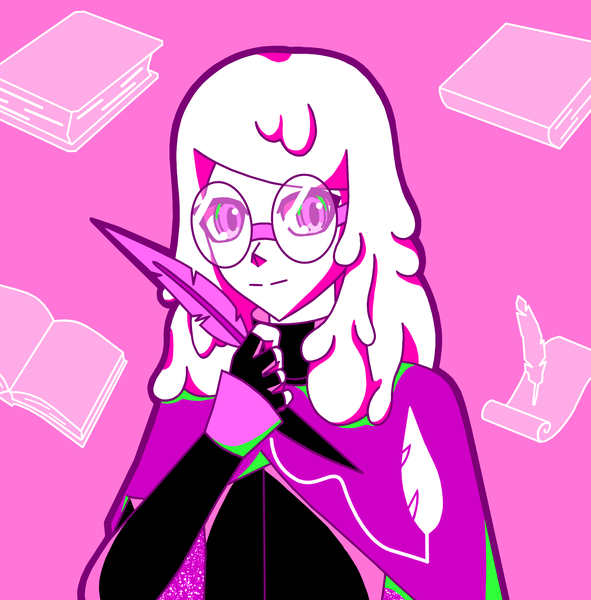 Anime picture 2127x2160 with original fenno7 single long hair tall image looking at viewer highres simple background holding upper body light smile pink background monster boy slime boy boy gloves black gloves glasses book (books) cape