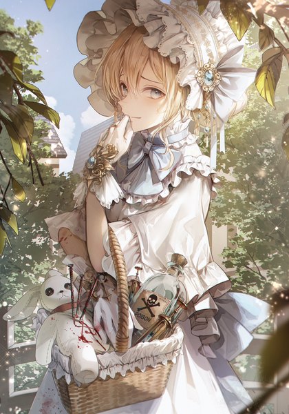 Anime picture 1000x1429 with original unity (ekvmsp02) single tall image looking at viewer fringe short hair blue eyes blonde hair hair between eyes standing sky outdoors light smile hand to mouth girl dress gloves hat white gloves