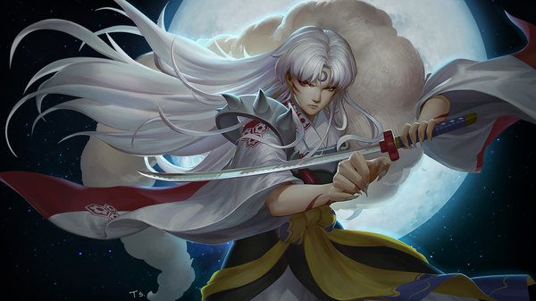 Anime picture 1800x1012 with inuyasha sesshomaru quan single long hair fringe highres wide image standing holding signed yellow eyes outdoors white hair traditional clothes japanese clothes fingernails wind night wide sleeves