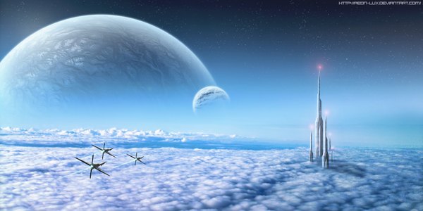 Anime picture 1920x963 with original aeon-lux highres wide image sky cloud (clouds) light no people landscape scenic building (buildings) star (stars) planet aircraft airship