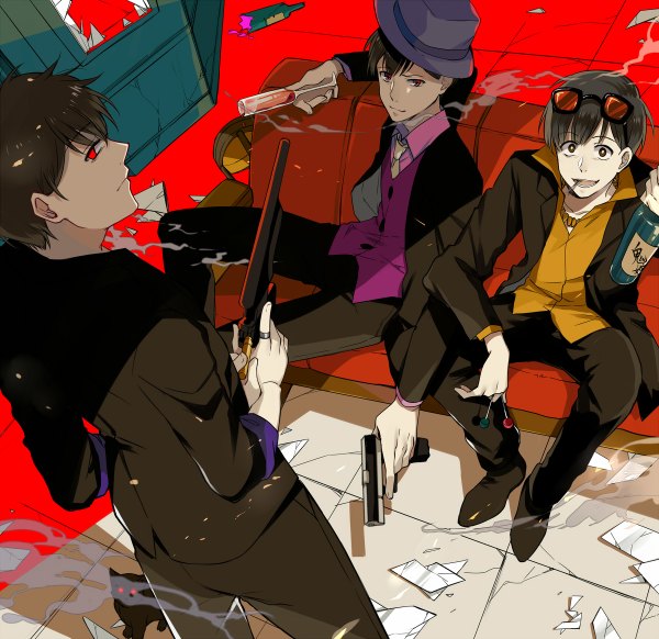 Anime picture 1200x1164 with osomatsu-san matsuno ichimatsu matsuno todomatsu matsuno juushimatsu ekita xuan looking at viewer fringe short hair open mouth black hair red eyes sitting profile from above black eyes multiple boys shadow smoke open collar siblings
