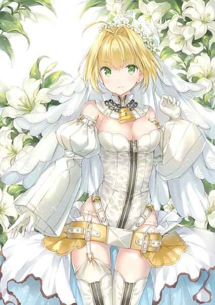 Anime picture 579x818 with fate (series) fate/extra fate/extra ccc nero claudius (fate) (all) nero claudius (bride) (fate) wataame27 single tall image looking at viewer blush fringe short hair breasts light erotic blonde hair hair between eyes standing green eyes cleavage ahoge