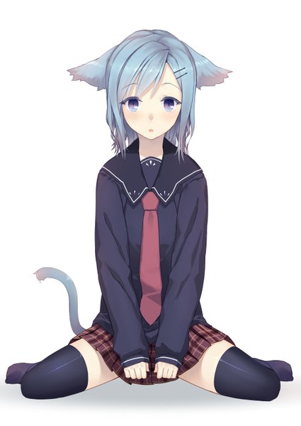 Anime picture 1000x1412 with original ixi (artist) single tall image blush fringe short hair blue eyes simple background white background sitting animal ears blue hair full body bent knee (knees) tail parted lips animal tail pleated skirt cat ears