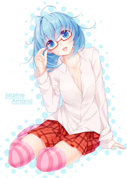 Anime picture 1000x1399 with original amano marine dabadhi single tall image looking at viewer fringe short hair open mouth blue eyes light erotic simple background white background sitting blue hair ahoge open shirt no shoes character names plaid skirt