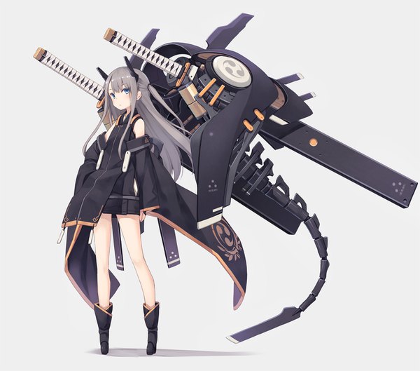 Anime picture 1500x1324 with original poco (asahi age) single long hair fringe blue eyes simple background standing payot full body grey hair grey background hand on hip side ponytail girl weapon detached sleeves boots