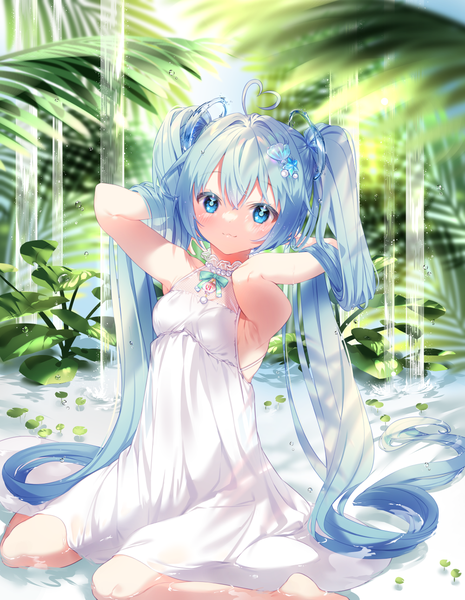 Anime picture 1000x1291 with vocaloid hatsune miku arami o 8 single tall image looking at viewer blush fringe blue eyes smile hair between eyes sitting twintails blue hair ahoge bent knee (knees) outdoors very long hair barefoot sunlight