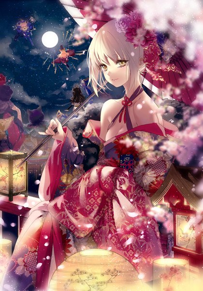 Anime picture 773x1105 with fate (series) fate/grand order fate/stay night fate/extra ccc fox tail fate/extra artoria pendragon (all) saber tamamo (fate) (all) ishtar (fate) tamamo no mae (fate) katsushika hokusai (fate/grand order) tokitarou (fate/grand order) suzuka gozen (fate) kinokohime long hair tall image looking at viewer fringe short hair breasts