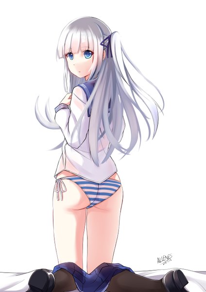 Anime picture 4133x5846 with original allenes single long hair tall image looking at viewer fringe highres blue eyes light erotic simple background standing white background absurdres bent knee (knees) ass white hair looking back one side up girl