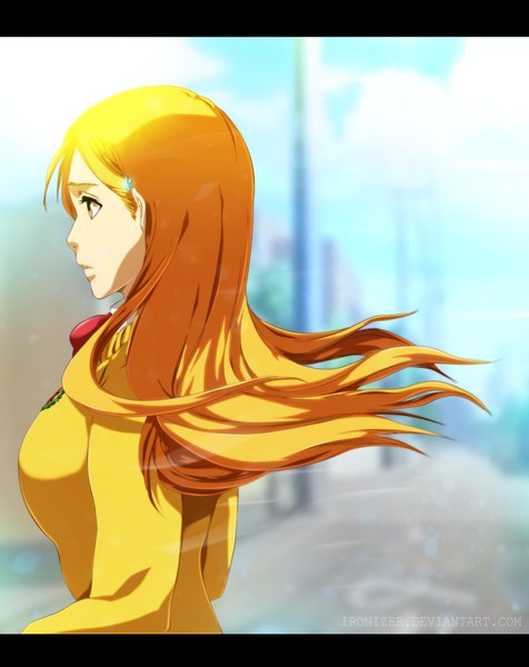 Anime picture 1834x2309 with bleach studio pierrot inoue orihime ironizer single long hair tall image highres blonde hair yellow eyes sky profile sunlight coloring letterboxed smoke girl sweater