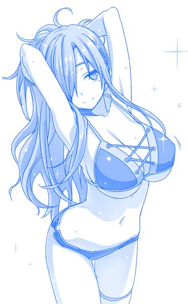 Anime picture 557x900 with getsuyoubi no tawawa original pine jam himura kiseki single long hair tall image looking at viewer fringe breasts light erotic large breasts standing head tilt light smile hair over one eye mole arms up sparkle armpit (armpits)