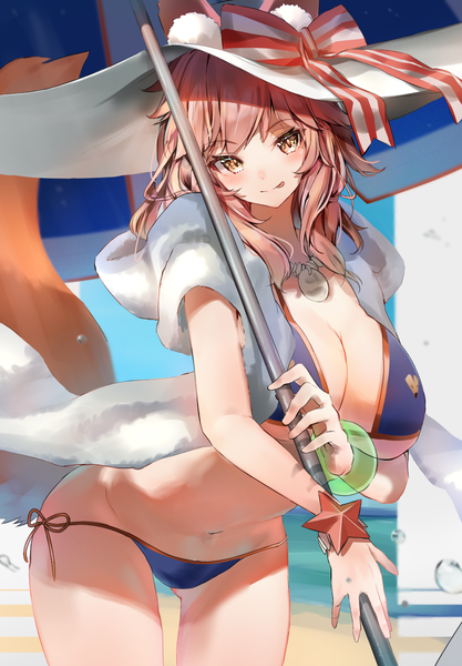 Anime picture 1028x1480 with fate (series) fate/grand order tamamo (fate) (all) tamamo no mae (swimsuit lancer) (fate) kinoruru toiro single long hair tall image looking at viewer blush fringe breasts light erotic smile brown hair large breasts holding animal ears pink hair sky