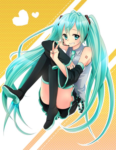 Anime picture 1181x1535 with vocaloid hatsune miku kuune rin single tall image light erotic smile twintails bare shoulders very long hair aqua eyes aqua hair victory convenient leg girl skirt detached sleeves miniskirt heart headphones