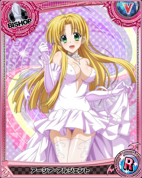 Anime picture 640x800 with highschool dxd asia argento single long hair tall image looking at viewer blush breasts open mouth light erotic blonde hair green eyes pantyshot card (medium) girl thighhighs dress gloves underwear panties