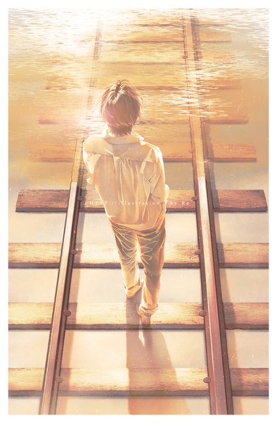 Anime picture 984x1497 with original re (artist) single tall image short hair brown hair signed full body outdoors barefoot from above from behind sunlight shadow border hand in pocket walking boy shirt water