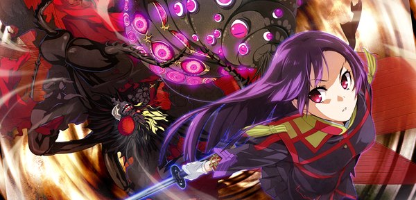 Anime picture 2250x1080 with soushuu senshinkan gakuen hachimyoujin sera mizuki g yuusuke long hair highres red eyes wide image game cg purple hair girl gloves weapon sword katana monster