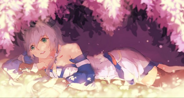 Anime picture 1600x853 with vocaloid vocaloid china luo tianyi madao (pixiv id4647024) single long hair open mouth wide image bare shoulders green eyes grey hair girl thighhighs dress flower (flowers) black thighhighs detached sleeves petals wisteria