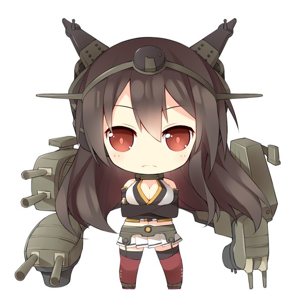 Anime picture 1771x1771 with kantai collection nagato battleship saru (longbb) single long hair looking at viewer highres breasts simple background brown hair large breasts white background cleavage crossed arms chibi girl thighhighs skirt gloves weapon