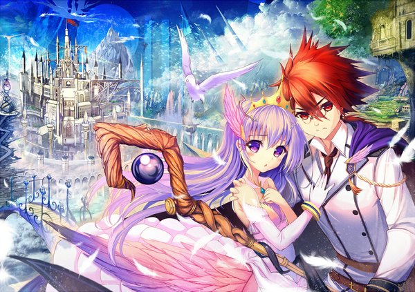 Anime picture 1100x777 with original akabane (zebrasmise) long hair blush red eyes purple eyes purple hair cloud (clouds) red hair landscape scenic girl dress boy gloves plant (plants) animal tree (trees) glasses elbow gloves