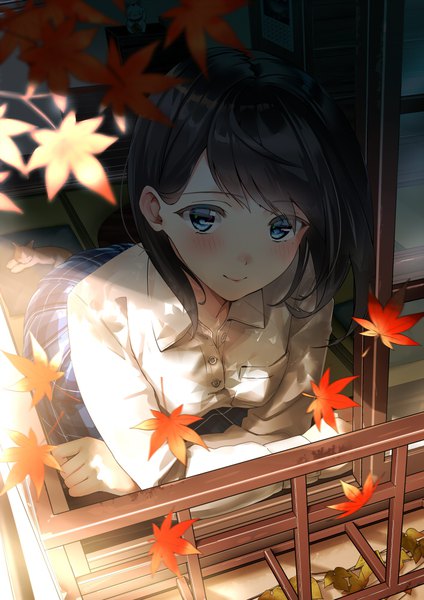 Anime picture 706x1000 with original kinugasa yuuichi single tall image looking at viewer blush fringe short hair blue eyes smile brown hair arm support shadow plaid skirt shaded face autumn girl skirt uniform school uniform