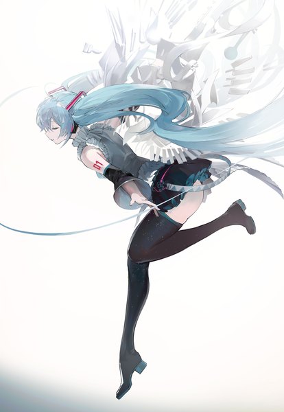Anime-Bild 3603x5226 mit vocaloid hatsune miku happy 16th birthday -dear creators- hatsune miku koio single tall image highres light erotic simple background white background twintails absurdres full body bent knee (knees) eyes closed very long hair profile aqua hair girl detached sleeves