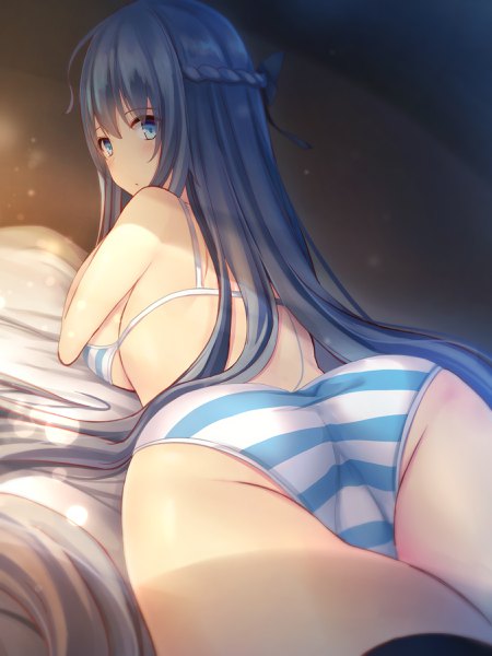 Anime picture 1800x2400 with original liya single long hair tall image looking at viewer blush fringe highres breasts blue eyes light erotic black hair hair between eyes ass lying braid (braids) looking back from behind :o