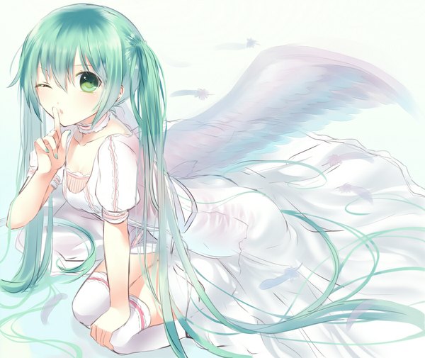 Anime picture 1000x843 with vocaloid hatsune miku yosuga ioru sitting twintails green eyes very long hair nail polish one eye closed green hair wink girl thighhighs dress white thighhighs wings feather (feathers)