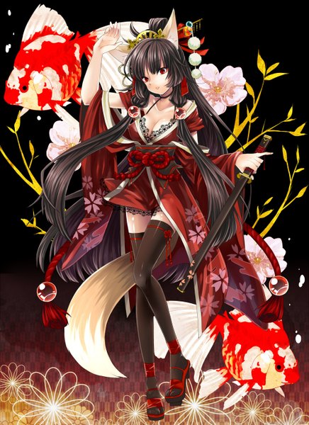 Anime picture 1000x1376 with original toudou charo single long hair tall image black hair red eyes traditional clothes japanese clothes fox ears fox tail fox girl girl thighhighs flower (flowers) weapon black thighhighs sword katana fish (fishes)