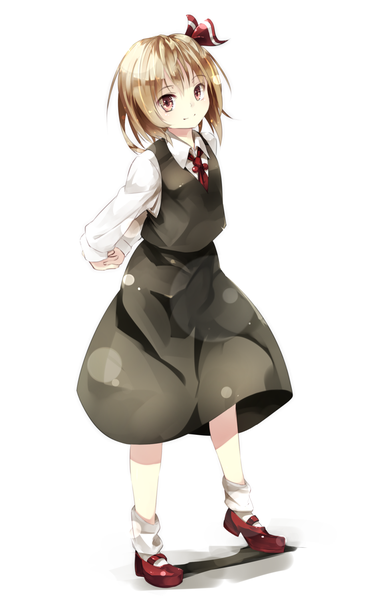 Anime picture 938x1500 with touhou rumia gorilla (bun0615) single tall image short hair simple background blonde hair red eyes standing white background full body light smile hands behind back girl skirt bow hair bow socks white socks