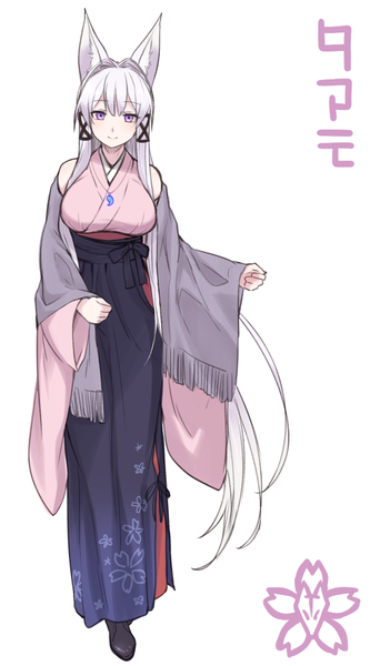 Anime picture 500x900 with original tamamo (yagi) yagi (ningen) single tall image looking at viewer fringe breasts simple background hair between eyes large breasts standing white background purple eyes bare shoulders animal ears payot silver hair full body traditional clothes
