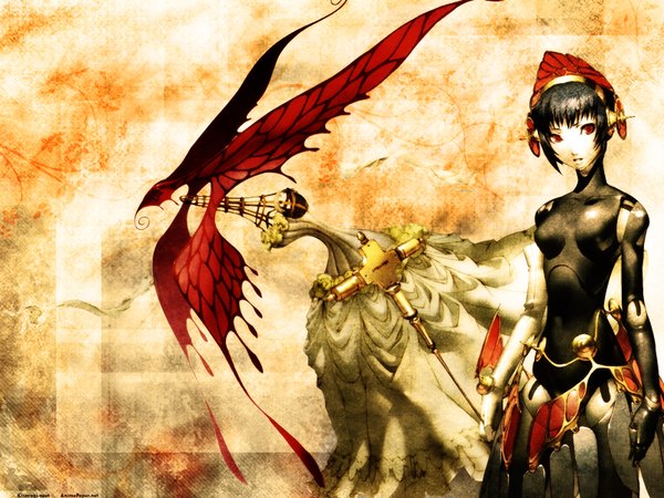Anime picture 1600x1200 with persona 3 metis single short hair open mouth black hair standing brown eyes hand on hip girl staff helmet
