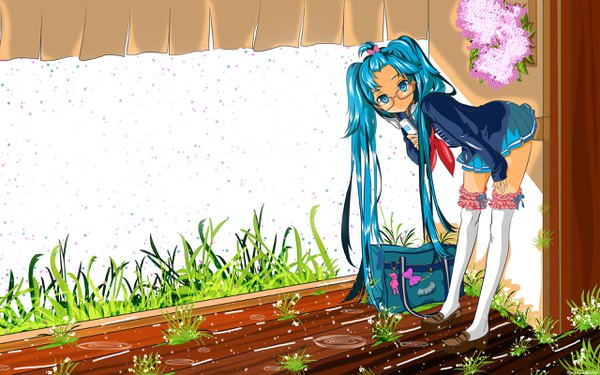 Anime picture 2560x1600 with vocaloid hatsune miku kuzakawe maron single long hair looking at viewer highres blue eyes twintails blue hair nail polish leaning wallpaper leaning forward character names rain underwater headphones around neck bespectacled girl