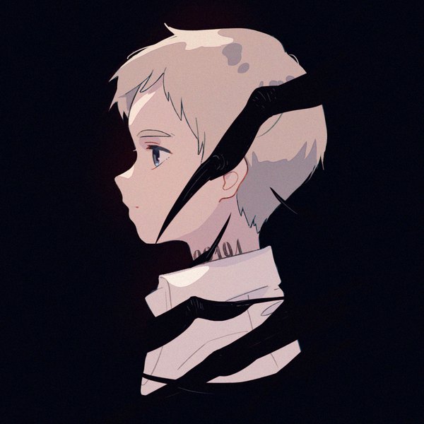 Anime picture 1024x1024 with yakusoku no neverland cloverworks norman (yakusoku no neverland) awarin single short hair blue eyes simple background looking away silver hair upper body tattoo black background blending boy number (numbers)