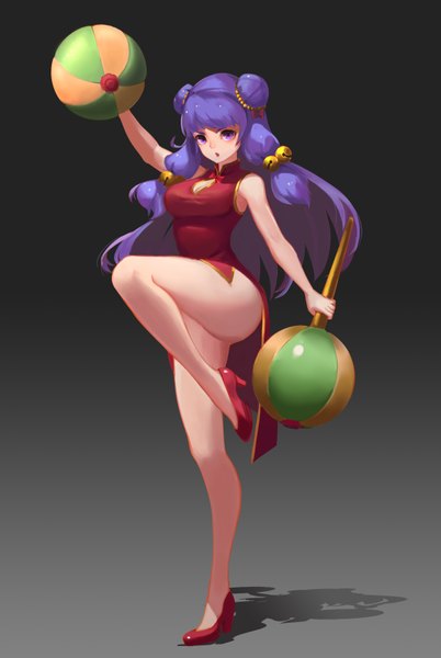 Anime picture 2351x3507 with ranma 1/2 shampoo (ranma 1/2) pandako single long hair tall image looking at viewer highres open mouth light erotic purple eyes purple hair traditional clothes chinese clothes hair bell girl bell jingle bell chinese dress